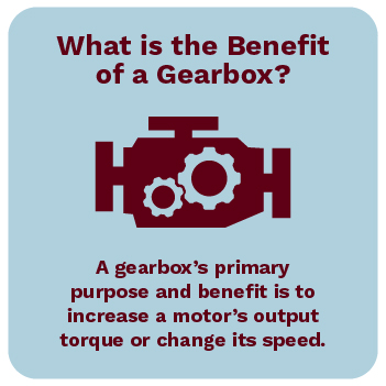 A gearbox’s primary purpose and benefit is to increase a motor’s output torque or change its speed.