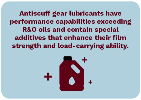 Antiscuff gear lubricants have performance capabilities exceeding R&O oils and contain special additives.