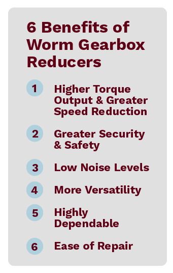 Benefits of worm gearboxes include higher torque output, greater speed reduction, greater security, and more.