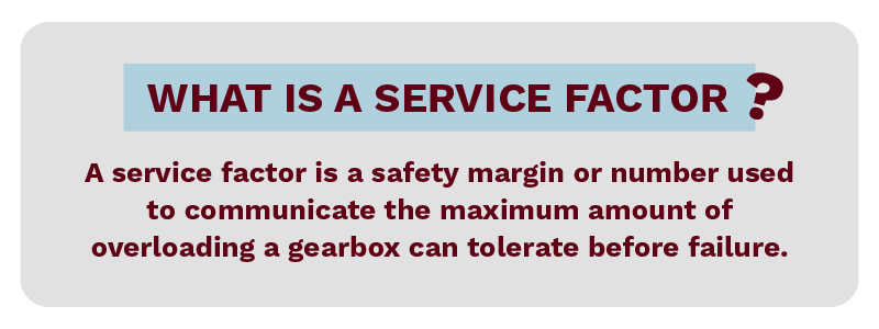 A service factor is a safety margin or number used to communicate the maximum amount of overloading a gearbox can tolerate before failure.