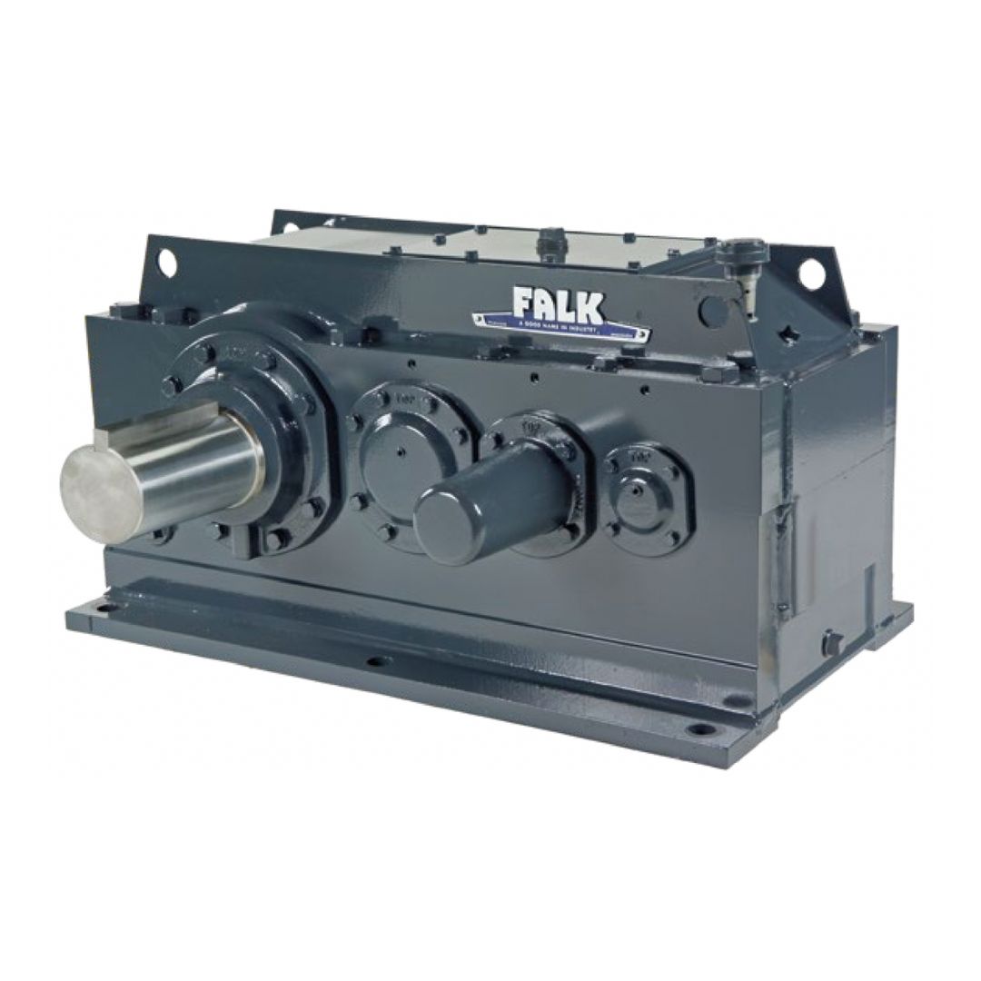 Newly refurbished Falk parallel gearbox with a sleek grey painted exterior, displaying a clean and polished finish.