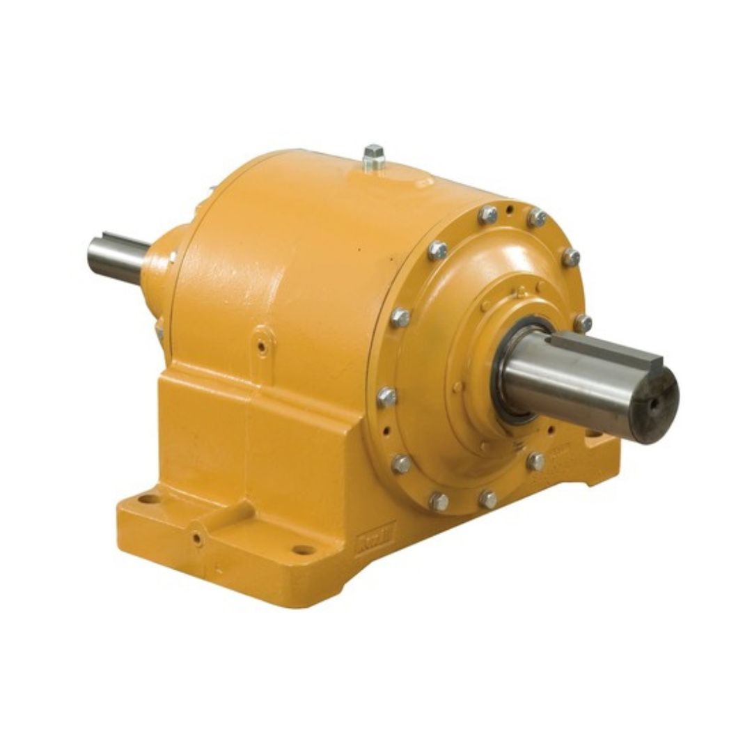 Planetary Falk gearbox with a yellow cylindrical housing, showing multiple mounting flanges and input/output shafts.