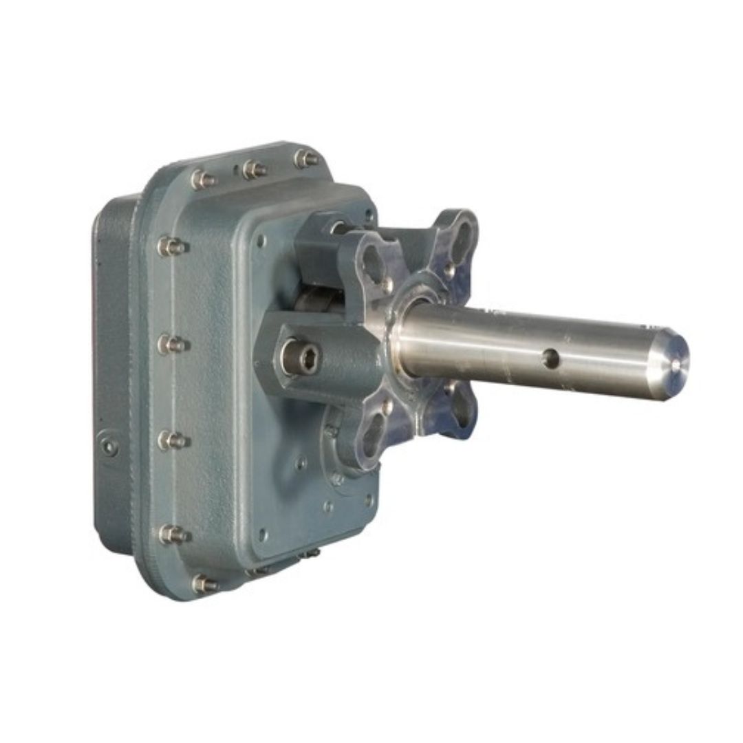 Shaft mount Falk gearbox, displaying the compact design with a mounted input shaft and attached motor.