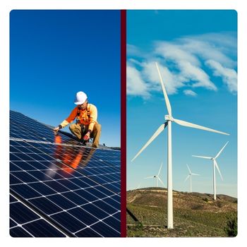 Solar panels and wind turbines.